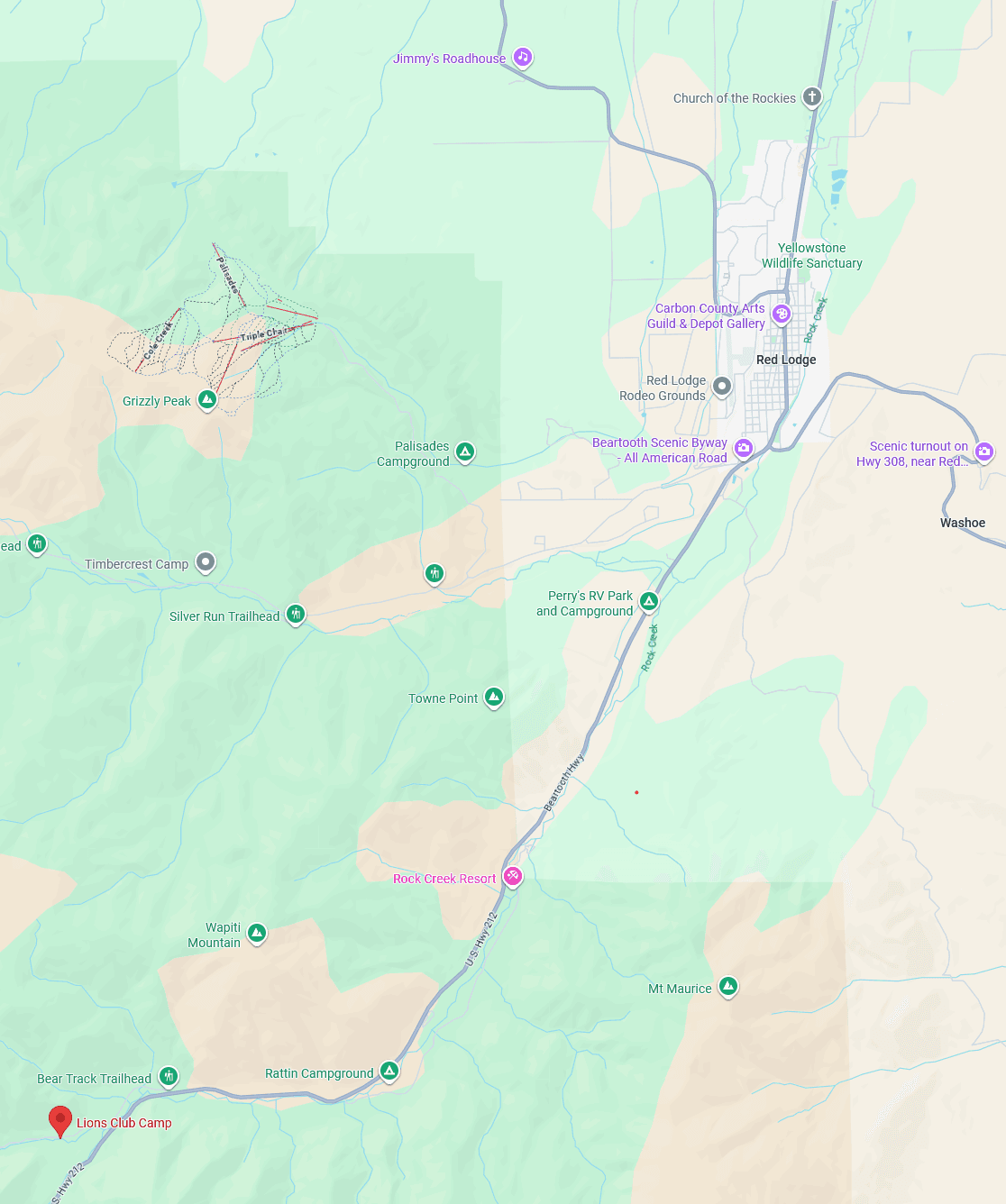 Topographic map of the Lions Beartooth Mountain Youth Camp area